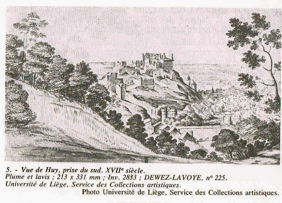5.Vue de Huy à partir du sud-au XVIIe siècle-Dewez-Lavoye-Dessin coll.ULG