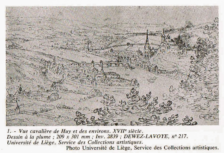 1.Vue cavalière de Huy au XVIIe siècle-Dewez-Lavoye-Dessin coll.ULG