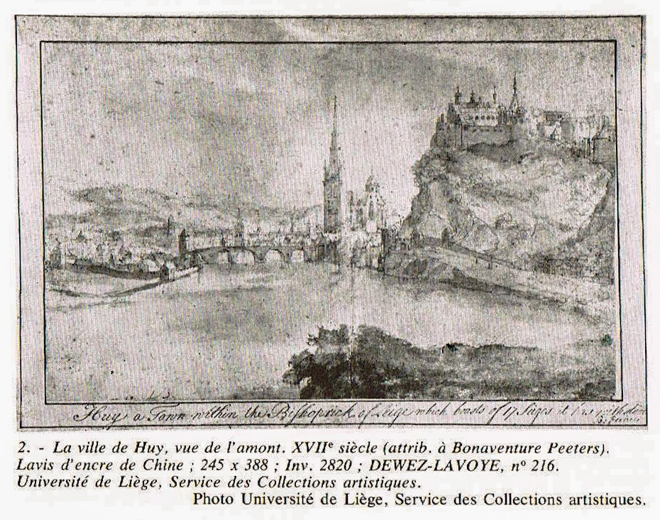2.Ville de Huy vue de l'amont-XVIIe siècle-Dewez-Lavoye-Dessin coll.ULG