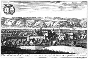 Vue oblique sur le château, son parc à la française, l'église et quelques bâtiments. En arrièreplan : la Meuse et les collines qui mènent au plateau de hesbaye.